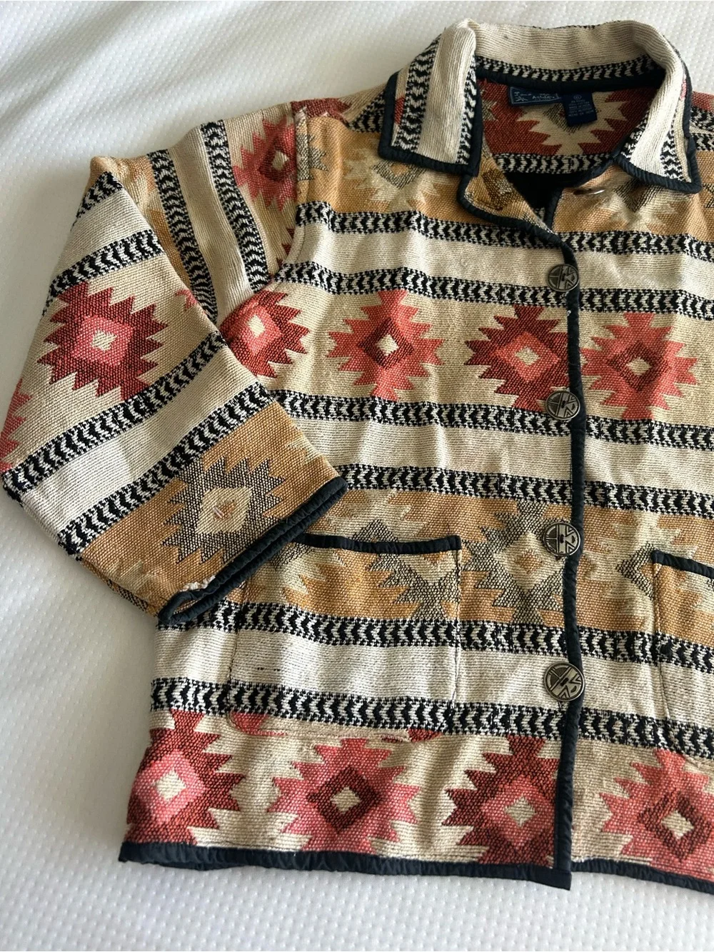 Laura Ashley Vintage Southwestern Aztec Knit Button-Up Cardigan in Beige/Rust - Picture 7 of 11